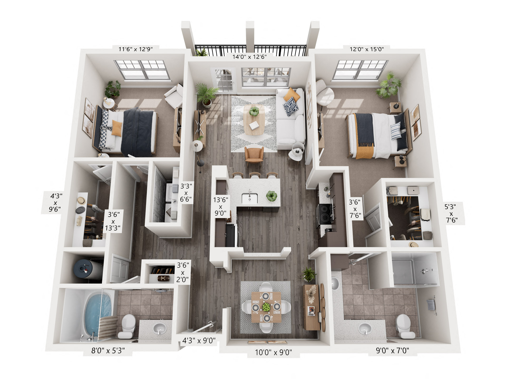 Floor plan for 2 beds, 2 baths, 1231 sqft